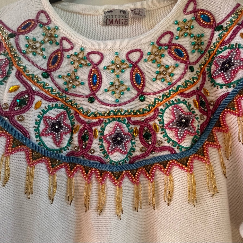 Vintage 80s | 90s Embroidered White Sweater with Colorful Beading Sz. L